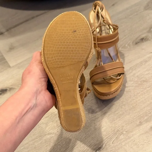 Stuart Weitzman Tan Espadrille Wedge Sandals with Ankle Wrap - Picture 3 of 4